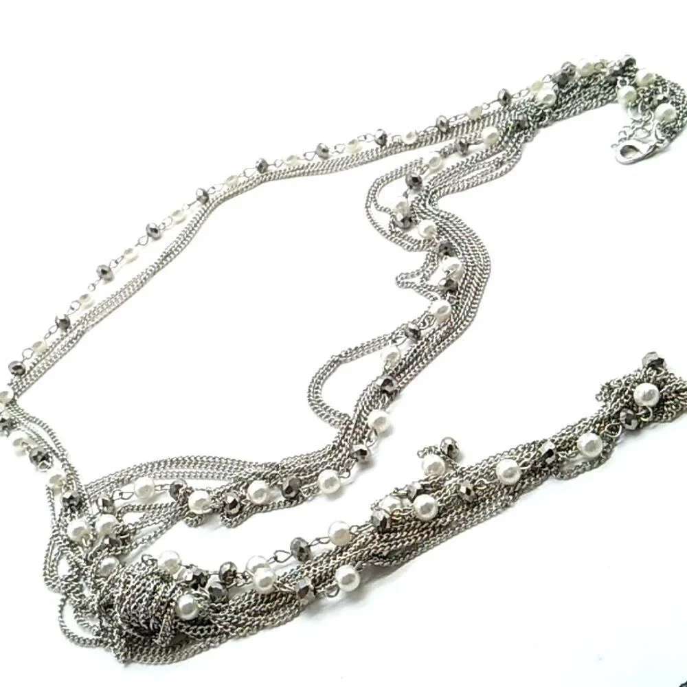 Faux Pearl Crystal Necklace Beaded Multi-Strand Layered Tassel Silver-tone Chain